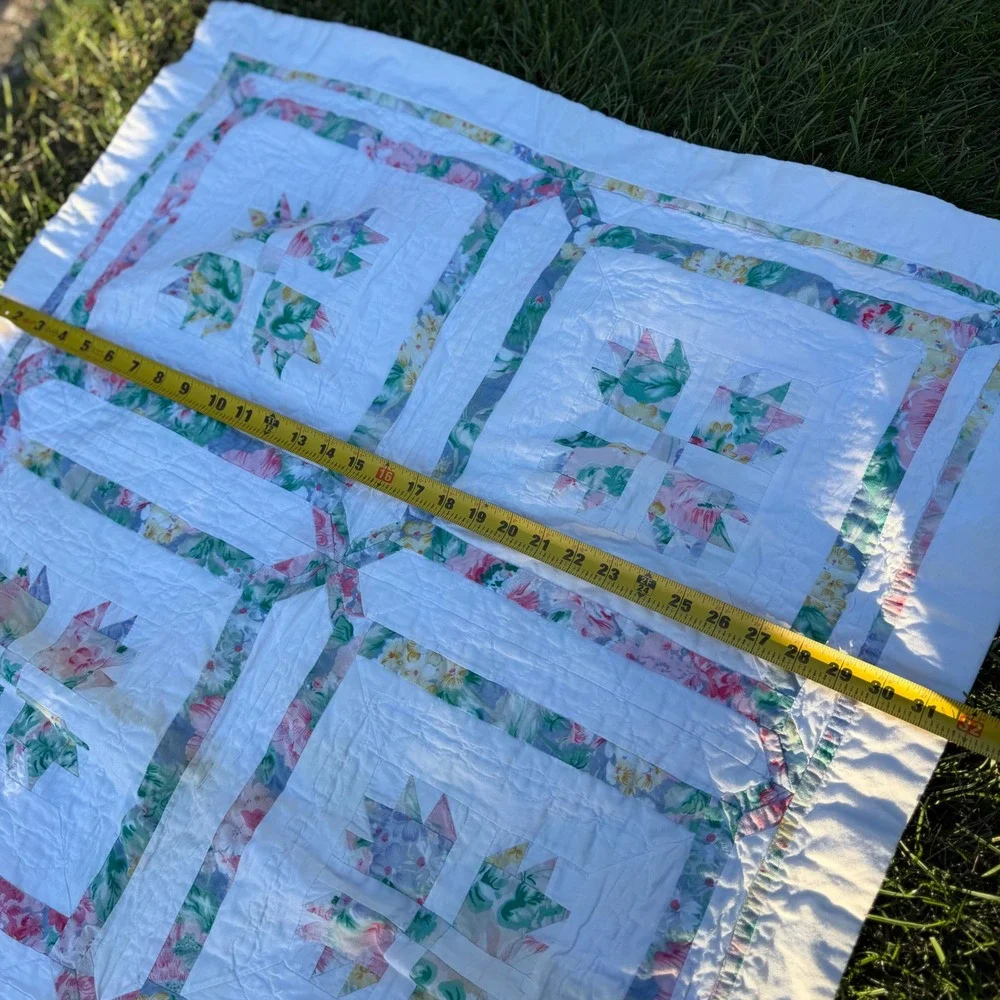 Vintage Handmade Patchwork Baby Quilt Floral Pastel White Crib Blanket 47x32